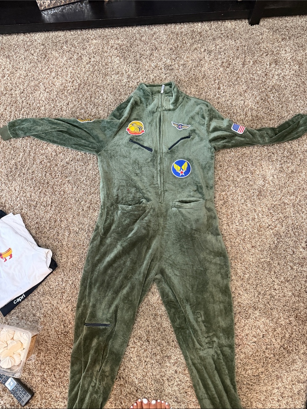 Kids Olive Green Plush One-Piece Jumpsuit with Aviation Patches